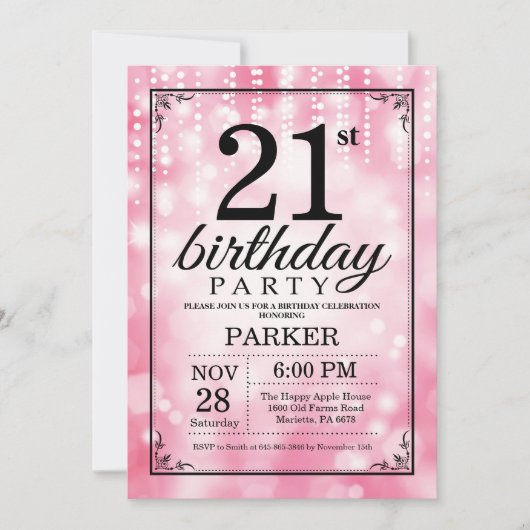 第21誕生日の招待状のピンクのグリッター 招待状 (正面)
