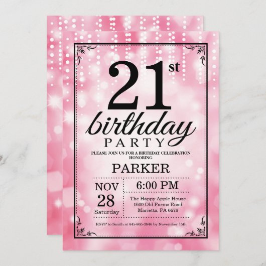 第21誕生日の招待状のピンクのグリッター 招待状 (正面/裏面)