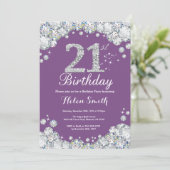 第21誕生日の招待状の紫色および銀製のダイヤモンド 招待状 (スタンド正面)