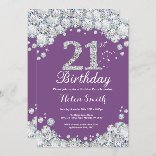 第21誕生日の招待状の紫色および銀製のダイヤモンド 招待状 (正面/裏面)