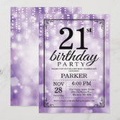 第21誕生日の招待状の紫色のグリッター 招待状 (正面/裏面)