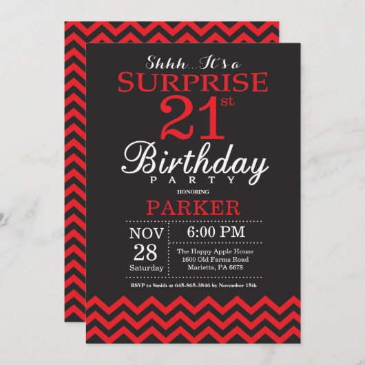 第21誕生日の招待状の黒および赤を驚かして下さい 招待状 (正面/裏面)
