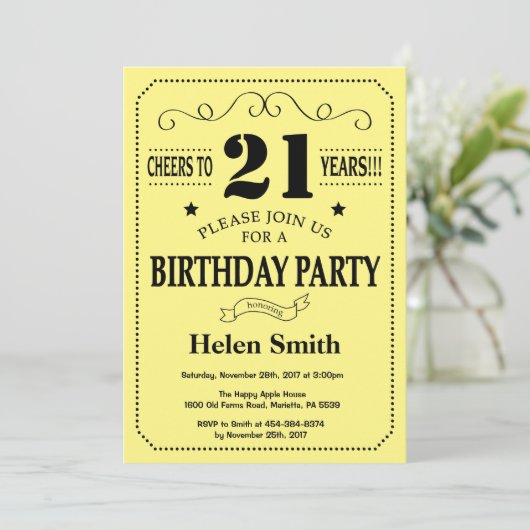 第21誕生日の招待状の黒および黄色 招待状 (スタンド正面)