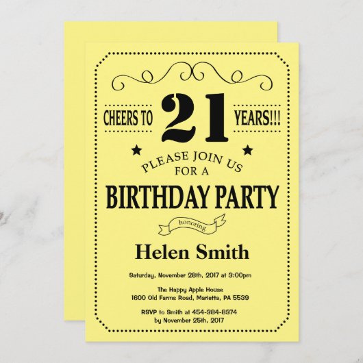 第21誕生日の招待状の黒および黄色 招待状 (正面/裏面)