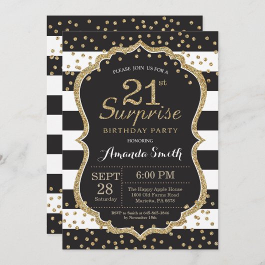 第21誕生日の招待状を驚かして下さい。 金ゴールドのグリッター 招待状 (正面/裏面)