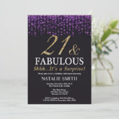 第21誕生日の紫色および金ゴールドのグリッターを驚かして下さい 招待状 (スタンド正面)