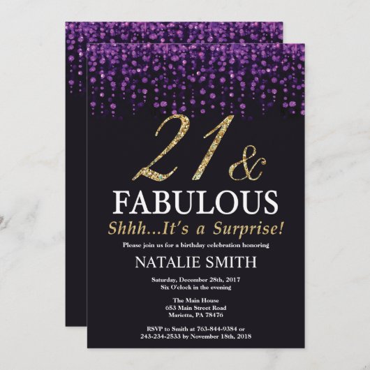 第21誕生日の紫色および金ゴールドのグリッターを驚かして下さい 招待状 (正面/裏面)