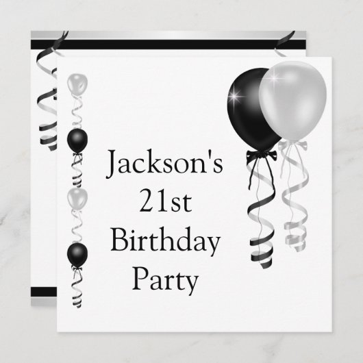 第21誕生日の黒い銀製の白い気球 招待状 (正面/裏面)