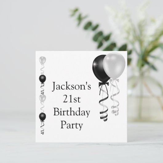 第21誕生日の黒い銀製の白い気球 招待状 (スタンド正面)