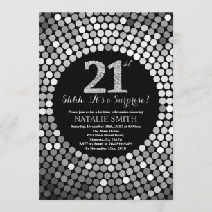 第21誕生日の黒および銀のグリッターを驚かして下さい 招待状