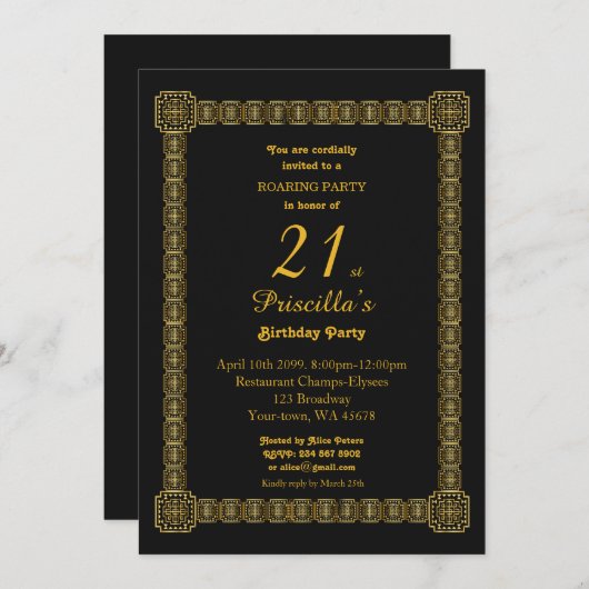 第21、誕生会、Gastbyのスタイル、黒及び金ゴールドv3b 招待状 (正面/裏面)