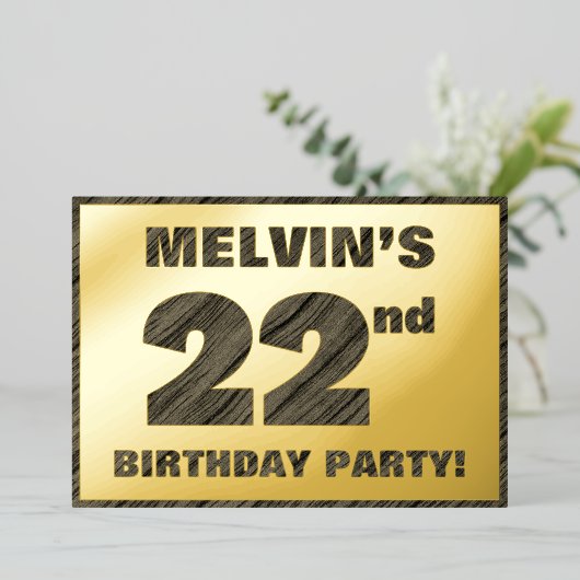 第22回バースデーパーティはっきりしたーフェイク、木目文字 箔招待状 (立ち正面)