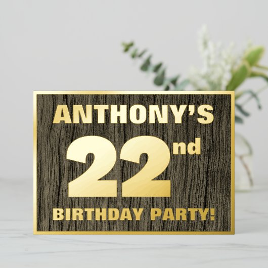 第22回バースデーパーティはっきりしたーフェイク:, Wood Grain Pattern 箔招待状 (立ち正面)