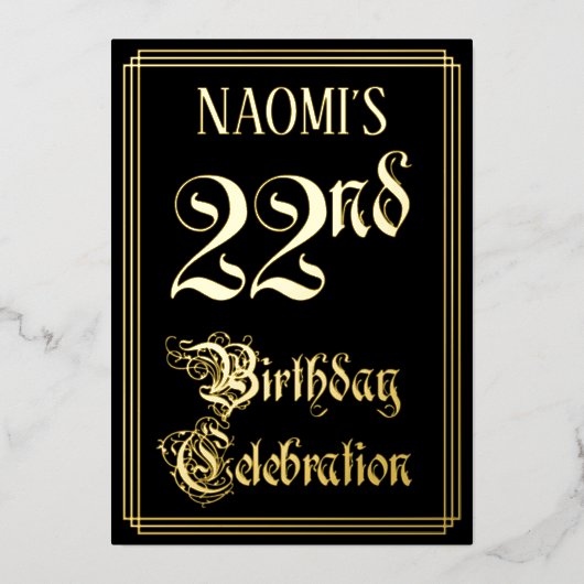 第22回バースデーパーティーファンシー – 脚本と名前をカスタムする 箔招待状 (正面)