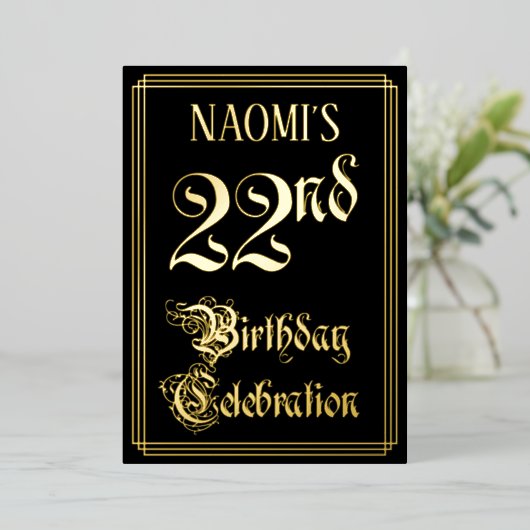 第22回バースデーパーティーファンシー – 脚本と名前をカスタムする 箔招待状 (立ち正面)
