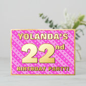 第22回バースデーパーティー – おもしろいピンクのハートとストライプ 箔招待状 (立ち正面)