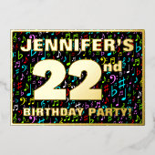 第22回バースデーパーティー – おもしろい、カラフル音楽シンボル 箔招待状 (正面)