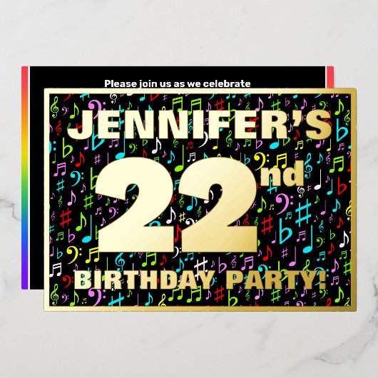 第22回バースデーパーティー – おもしろい、カラフル音楽シンボル 箔招待状 (正面/裏面)