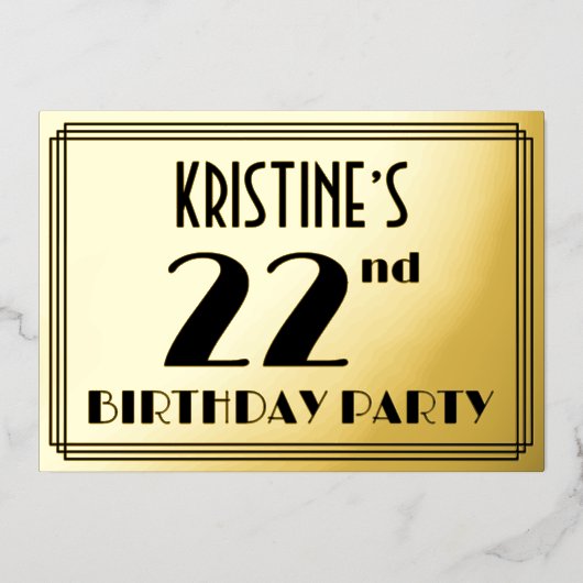 第22回バースデーパーティー – アールデコの外観:「22」+名前 箔招待状 (正面)