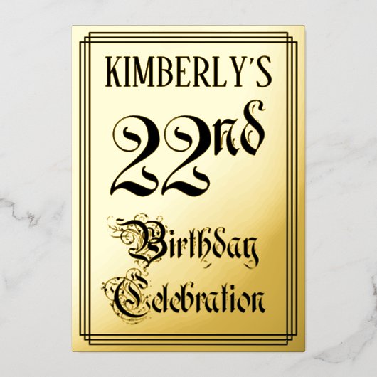 第22回バースデーパーティー – エレガント脚本+名前をカスタムする 箔招待状 (正面)