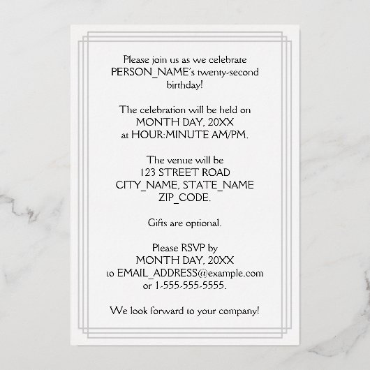 第22回バースデーパーティー – エレガント脚本+名前をカスタムする 箔招待状 (裏面)