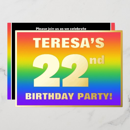 第22回誕生日パーティー：おもしろいカラフル、レインボーパターン 箔招待状 (正面/裏面)