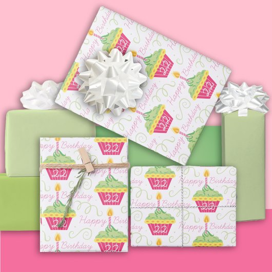第22誕生日ピンクグリーンカップケーキラップ紙 ラッピングペーパーシート