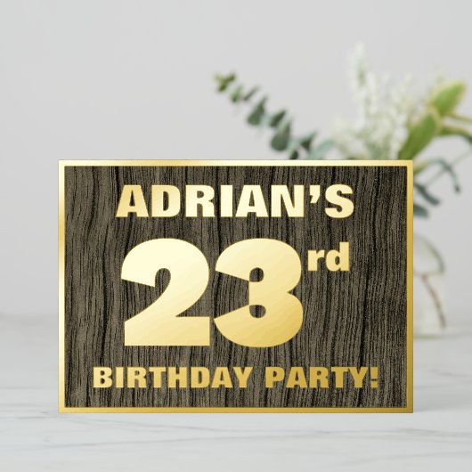 第23回誕生日パーティはっきりしたーフェイク:, Wood Grain Pattern 箔招待状 (立ち正面)