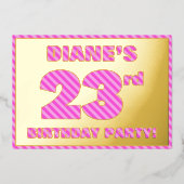 第23回誕生日パーティはっきりした:おもしろい、ピンクストライプ色23 箔招待状 (正面)