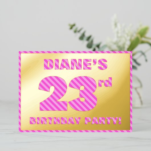 第23回誕生日パーティはっきりした:おもしろい、ピンクストライプ色23 箔招待状 (立ち正面)