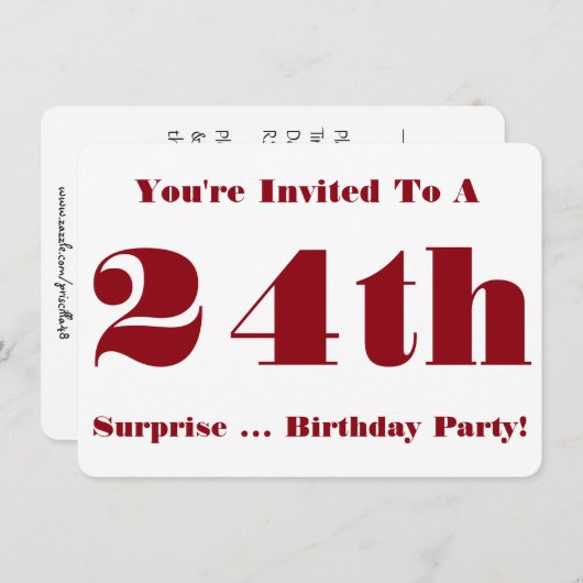 第24回サプライズ誕生日パーティー招待状赤と白、 招待状 (正面/裏面)