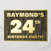 第24回誕生日パーティーはっきりした:木目フェイク模様 箔招待状 (正面)