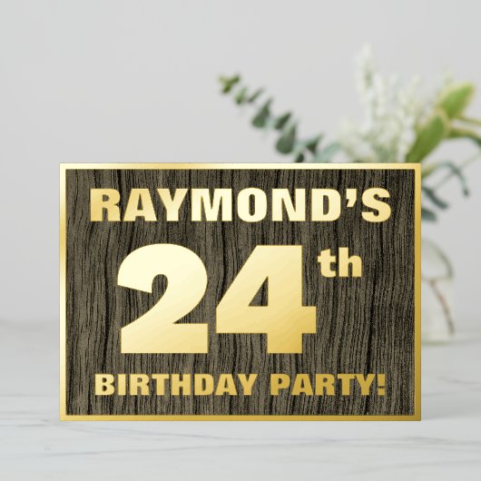 第24回誕生日パーティーはっきりした:木目フェイク模様 箔招待状 (立ち正面)