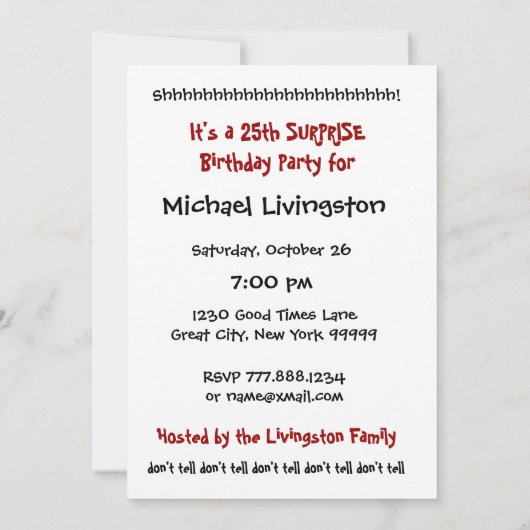第25回サプライズ·バースデー·パーティーの招待テンプレート 招待状 (裏面)