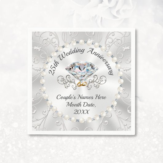 第25回シルバーの結婚記念日ナプキンス、3サイズ スタンダードカクテルナプキン