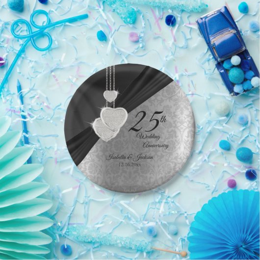 第25回シルバー・アンド・ブラック結婚ズ記念日 ペーパープレート (パーティー)