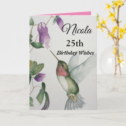 第25回ハミングバードかわいらし誕生日の願い カード (黄色い花)