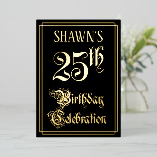 第25回誕生日パーティー – スクリプファンシートと名前をカスタムする 箔招待状 (立ち正面)
