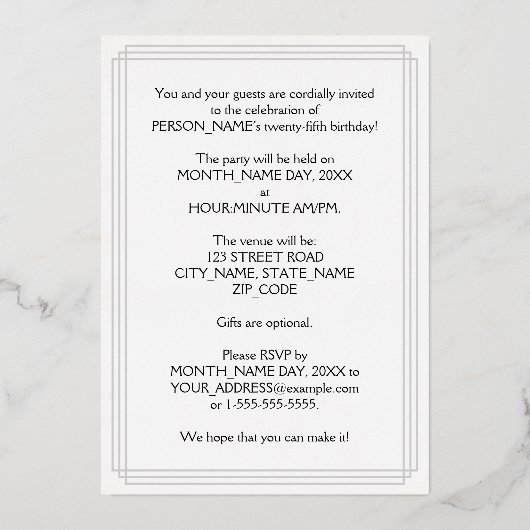 第25回誕生日パーティー – スクリプファンシートと名前をカスタムする 箔招待状 (裏面)