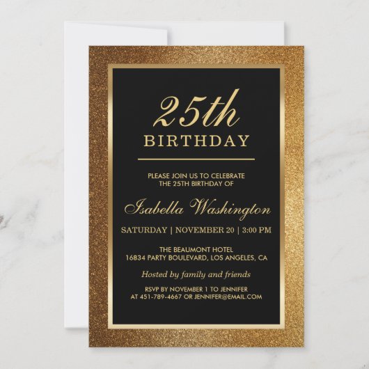 第25回誕生日パーティー|トレンディーグラム金ゴールドグリッター 招待状 (正面)