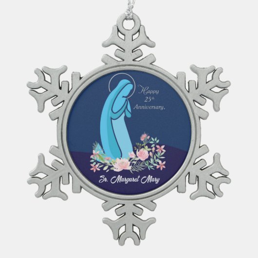 第25期修道院宗教生活記念日ピンクの花 スノーフレークピューターオーナメント (正面)