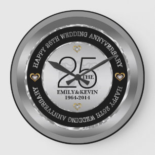 第25結婚記念日の銀及び黒 ラージ壁時計
