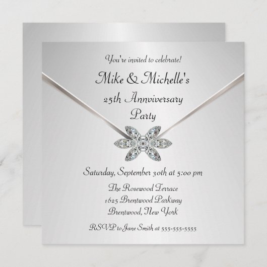 第25記念日のダイヤモンドのブローチの招待状に銀を着せて下さい 招待状 (正面/裏面)