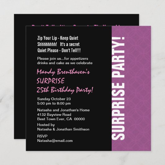 第25誕生日のモダンな薄紫のピンクW595を驚かして下さい 招待状 (正面/裏面)