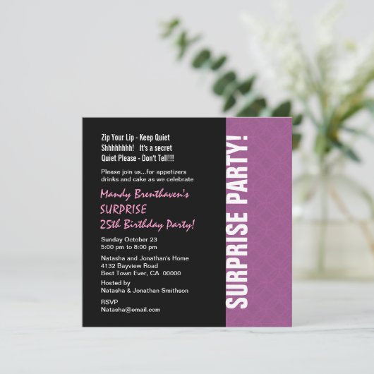 第25誕生日のモダンな薄紫のピンクW595を驚かして下さい 招待状 (スタンド正面)