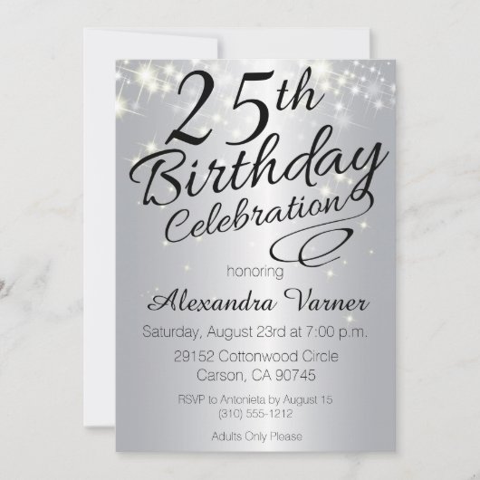 第25誕生日の招待状-銀製のきらめく招待 招待状 (正面)