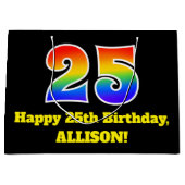 第25誕生日~おもしろい, カラフル, 鮮やか, Rainbow 25 ラージペーパーバッグ (正面)