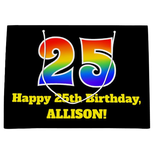 第25誕生日~おもしろい, カラフル, 鮮やか, Rainbow 25 ラージペーパーバッグ (正面)