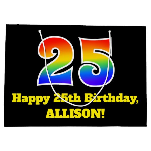 第25誕生日~おもしろい, カラフル, 鮮やか, Rainbow 25 ラージペーパーバッグ (裏面)