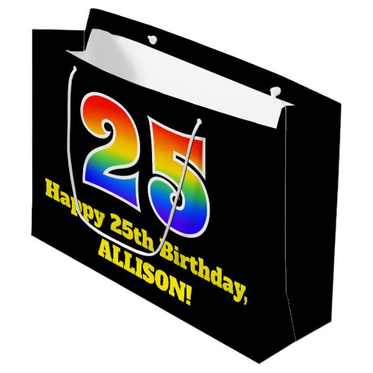 第25誕生日~おもしろい, カラフル, 鮮やか, Rainbow 25 ラージペーパーバッグ (正面アングル)